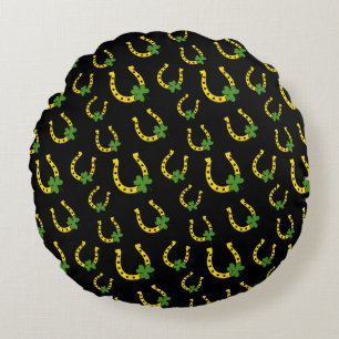 Coussins Ronds Lucky Golden Horseshoe avec Shamrock sur noir
