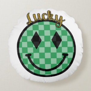 Coussins Ronds Lucky Smiley Face Vert Or À damiers Joyeux Visage