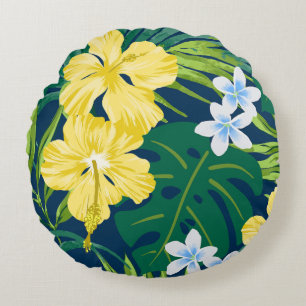 Coussins Ronds Luna Hibiscus Garden Hawaiian - Jaune et Marine