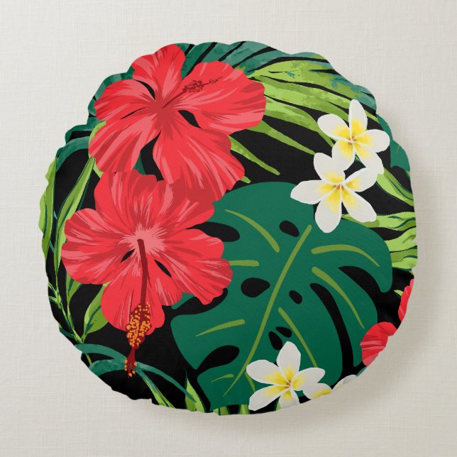 Coussins Ronds Luna Hibiscus Garden Hawaiian - Rouge et Noir (Devant)