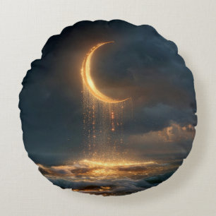 Coussins Ronds Lune surréelle de croissant d'or au-dessus de l'oc