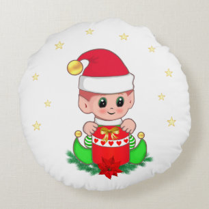 Coussins Ronds lutin de Noël, pin, poinsettia et étoiles