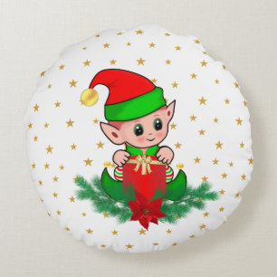 Coussins Ronds Lutin de Noël, pin, poinsettia et étoiles Rond