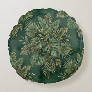Coussins Ronds Luxueux vert or Monstera Palme Botanique Jungle