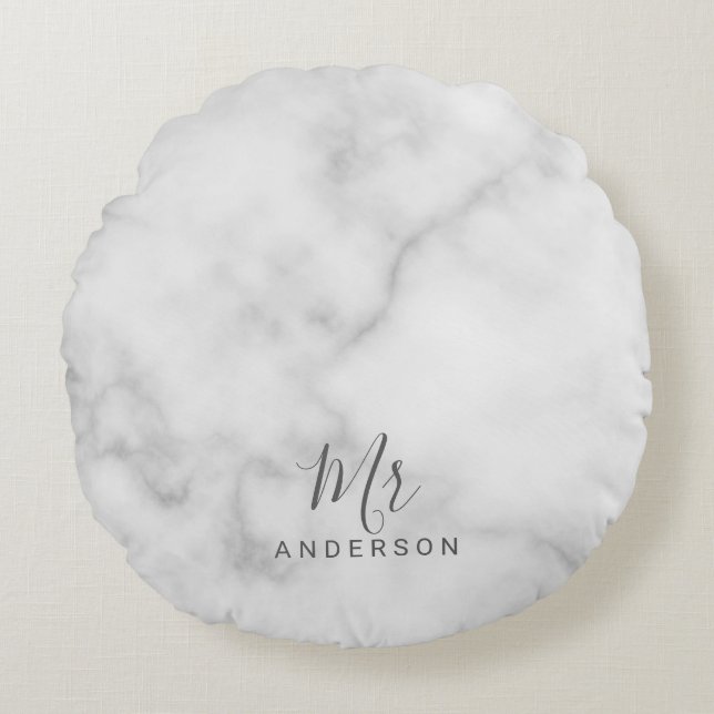 Coussins Ronds M. et Mme. | Élégant Marbre blanc Script moderne (Devant)