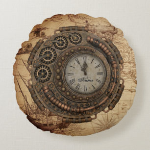 Coussins Ronds Machines à horloge industrielle Steampunk Carte V
