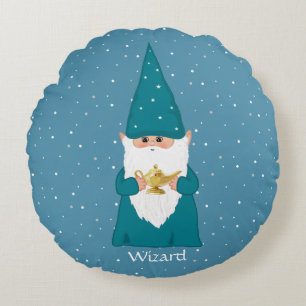 Coussins Ronds Magic Wizard Gnome & Lampe magique sur Sapphire Bl