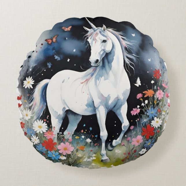 Coussins Ronds Magical White Unicorn In A Night Garden (Devant)