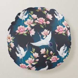 Coussins Ronds Magnolia Grue Rouge : Aquarelle Japonaise.