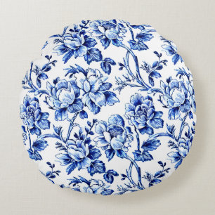 Coussins Ronds Magnolias bleu et blanc Toile de Jouy