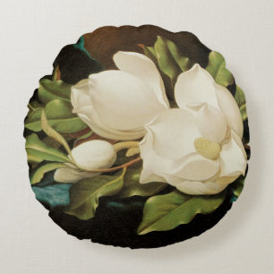 Coussins Ronds Magnolias géants sur un tissu de velours bleu par
