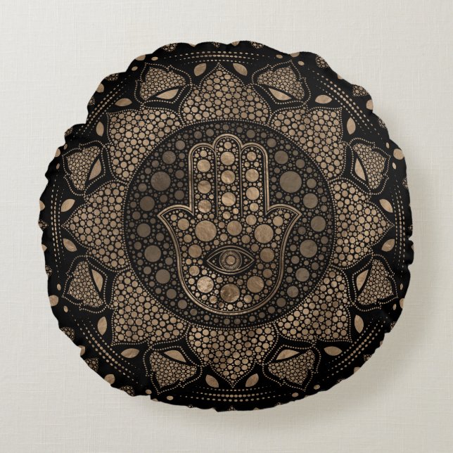 Coussins Ronds Main de Hamsa à Fatima à Lotus mandala (Devant)