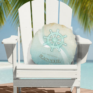 Coussins Ronds Maison de plage gouvernail de bateau bleu aqua ID6