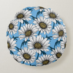 Coussins Ronds Maisonnettes, fleurs sauvages sur bleu