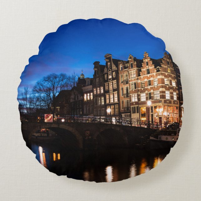 Coussins Ronds Maisons de canal d'Amsterdam la nuit (Devant)