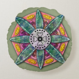 Coussins Ronds Mandala 8 pétales de fleurs vertes sur rouge