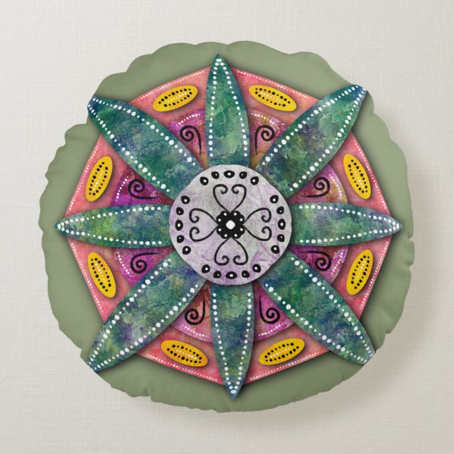 Coussins Ronds Mandala 8 pétales de fleurs vertes sur rouge (Devant)