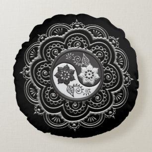 Coussins Ronds Mandala argent et noir