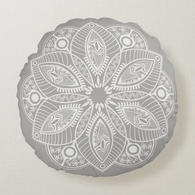 Coussins Ronds Mandala blanc exotique sur Arrière - plan gris (Devant)