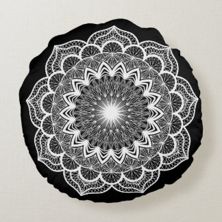 Coussins Ronds Mandala blanc sur fond noir
