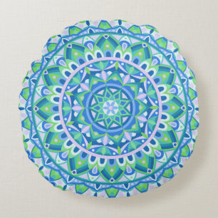 Coussins Ronds Mandala Bleu Déco Boho Méditation Spirituel Hygge