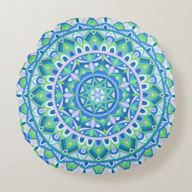 Coussins Ronds Mandala Bleu Déco Boho Méditation Spirituel Hygge (Devant)
