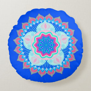 Coussins Ronds Mandala bleu rose sur fond bleu