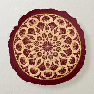 Coussins Ronds Mandala Bordeauxrouge Or sur Fond Bordeauxrouge
