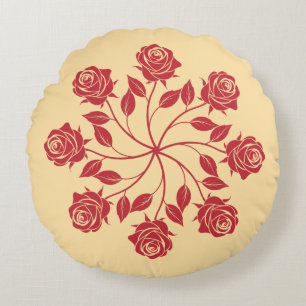 Coussins Ronds Mandala circulaire de roses rouges élégantes, moti