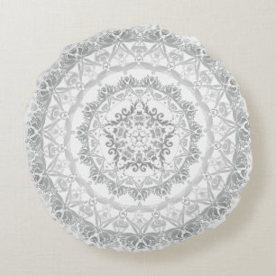 Coussins Ronds Mandala de damasque floral gris blanc