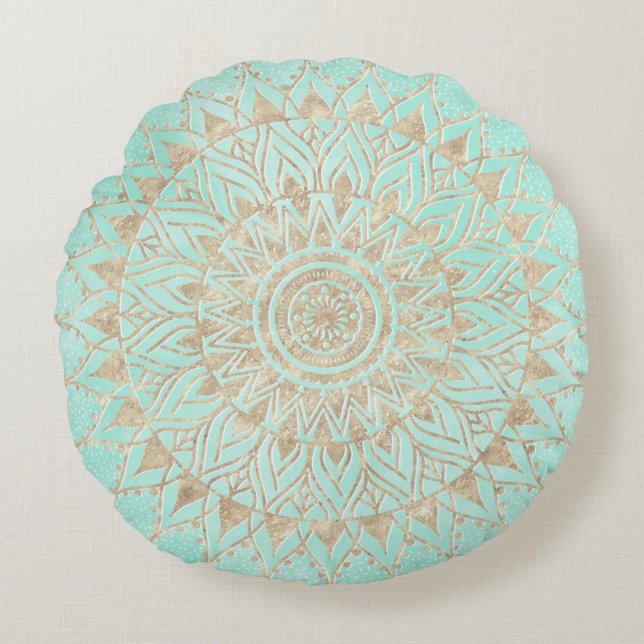 Coussins Ronds Mandala de menthe et d'or (Devant)