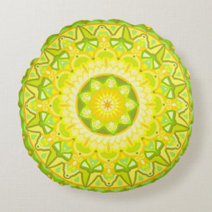 Coussins Ronds Mandala de printemps vert jaune bohème floral