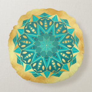Coussins Ronds Mandala étoile bleu or sur fond or doux