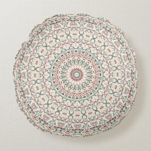 Coussins Ronds Mandala géométrique complexe en Turquoise, Rose et
