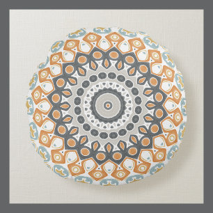Coussins Ronds Mandala géométrique en orange, gris et bleu