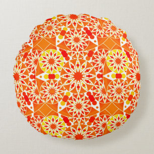Coussins Ronds Mandala motif, Coral Orange et Gold