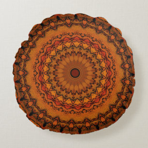 Coussins Ronds Mandala orange, jaune et noir
