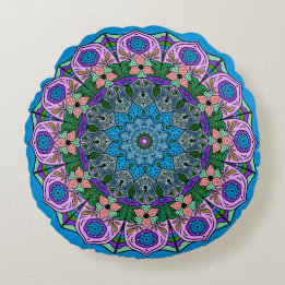 Coussins Ronds Mandala TealRose 12 Pétales rose orange Turquoise