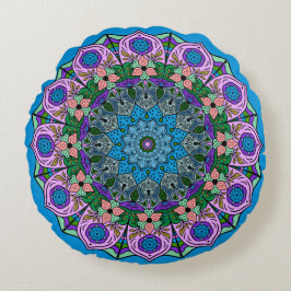 Coussins Ronds Mandala TealRose 12 Pétales rose orange Turquoise