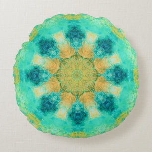 Coussins Ronds mandala turquoise et jaune motif kaleidoscope