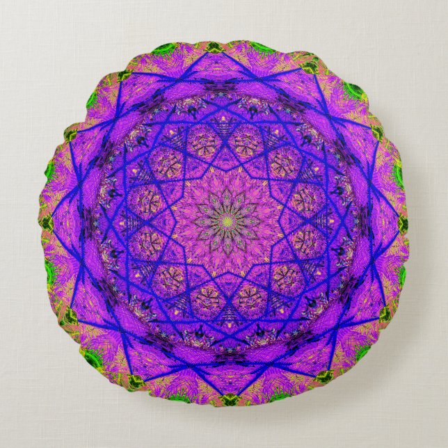 Coussins Ronds Mandala vert et violet lumineux (Devant)