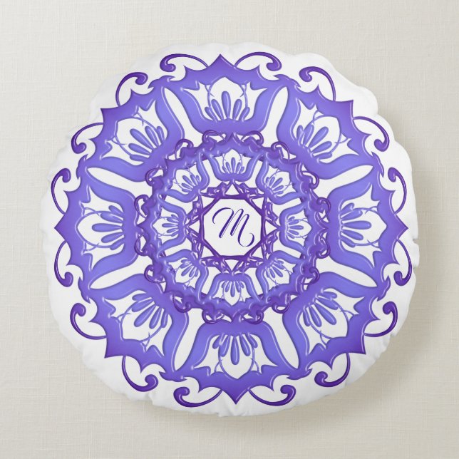 Coussins Ronds Mandala violet floral. Monogramme (Devant)