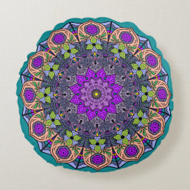 Coussins Ronds Mandala Violet pêche saumon rose vert