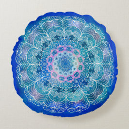 Coussins Ronds Mandala White Outline bleu Aquarelle -