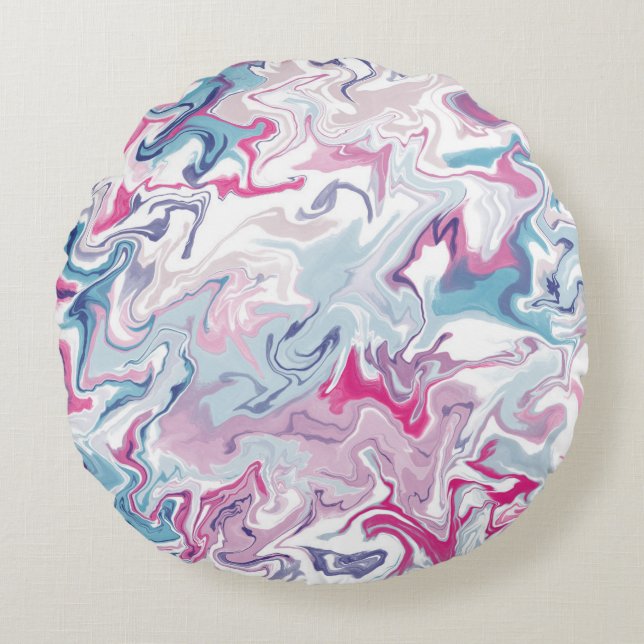 Coussins Ronds Marbre Abstrait rose et bleu Moderne Liquide (Devant)