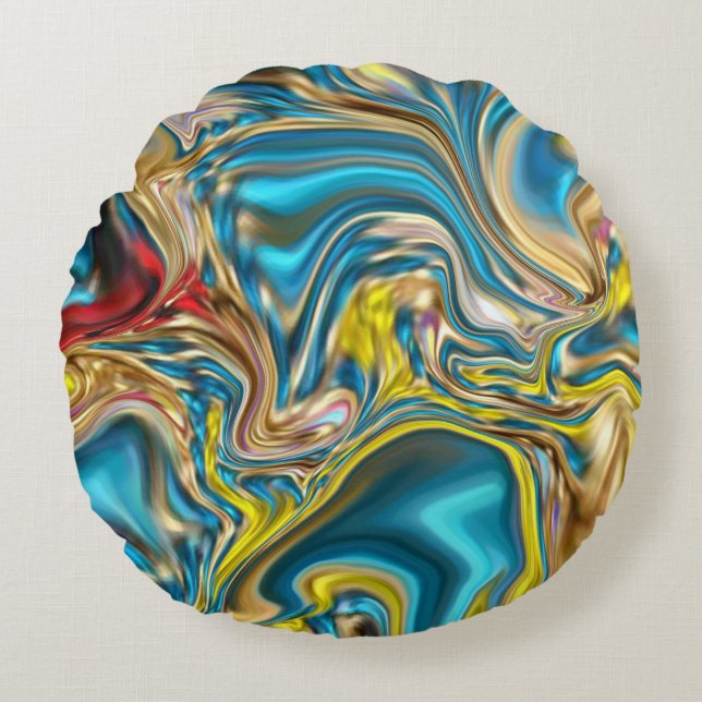 Coussins Ronds marbre abstrait tourbillons jaune turquoise bleu t (Devant)