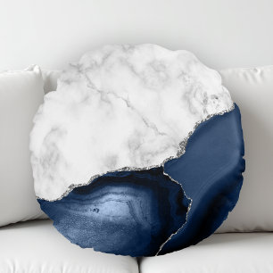 Coussins Ronds Marbre Blanc Agate Bleu Marine Paillettes Argentée
