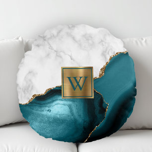 Coussins Ronds Marbre Blanc Monogramme Agate Sarcelle Doré