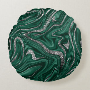 Coussins Ronds Marbre de Parties scintillant d'argent noir vert 