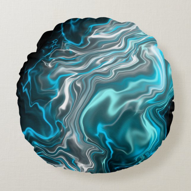 Coussins Ronds Marbre noir et bleu Fluide Art (Devant)
